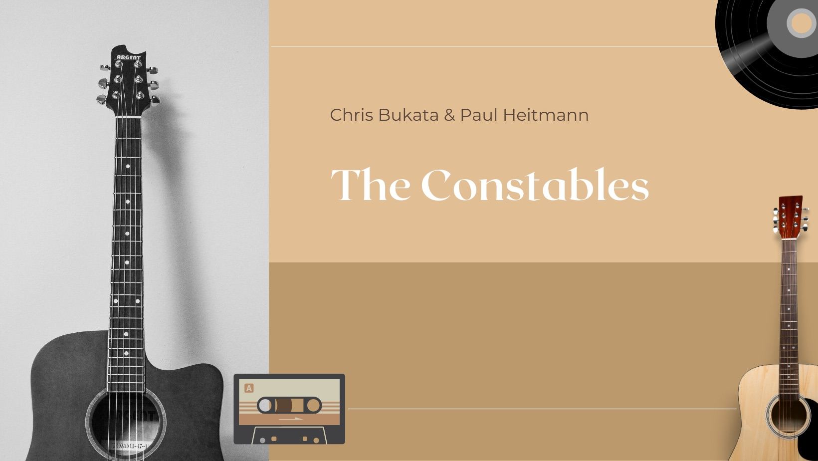 The Constables artwork: two acoustic guitars, a cassette and a record on a warm tan background